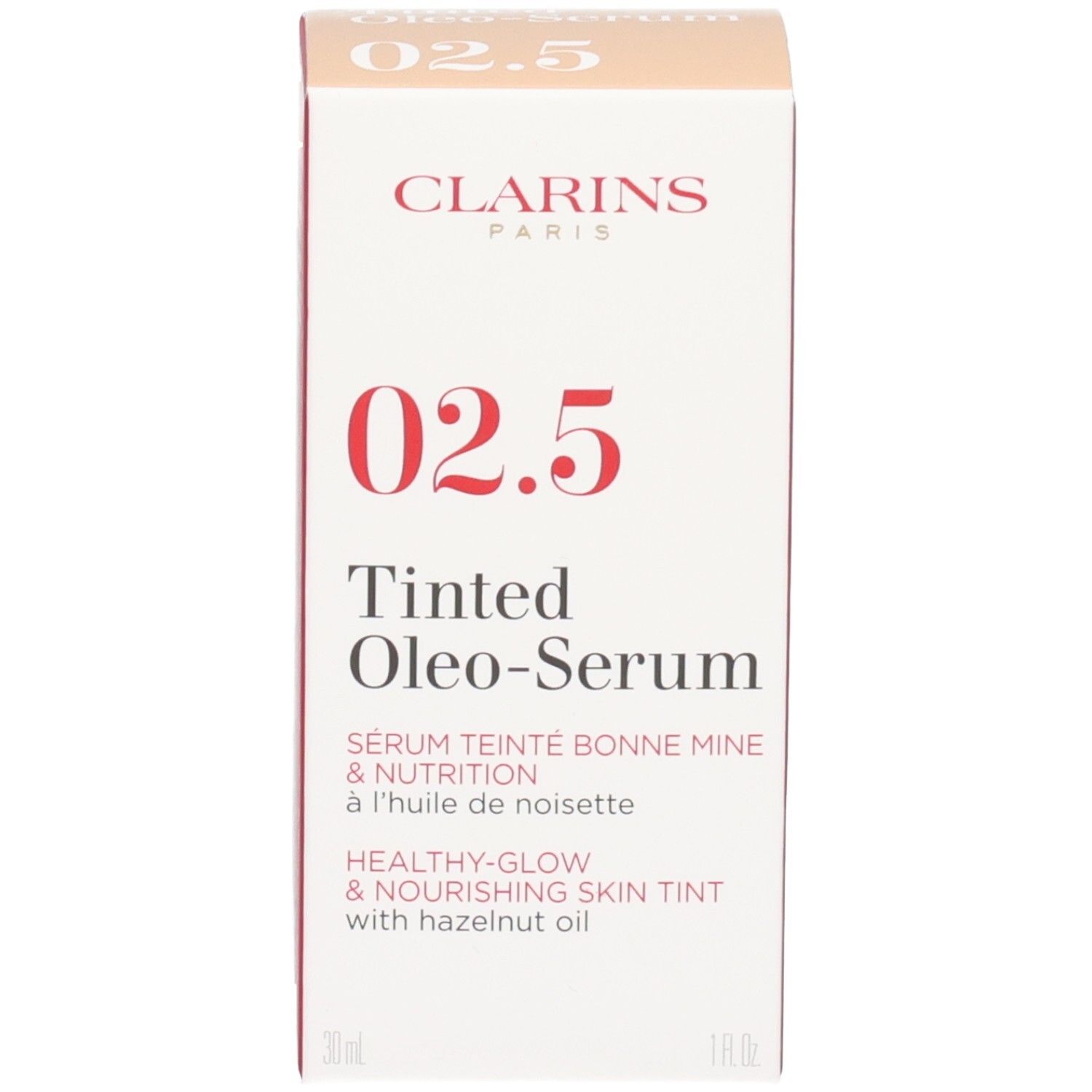Clarins Tinted Oleo-Serum 02.5 avec boîte. La boîte montre le nom du produit et le numéro de couleur 02.5.