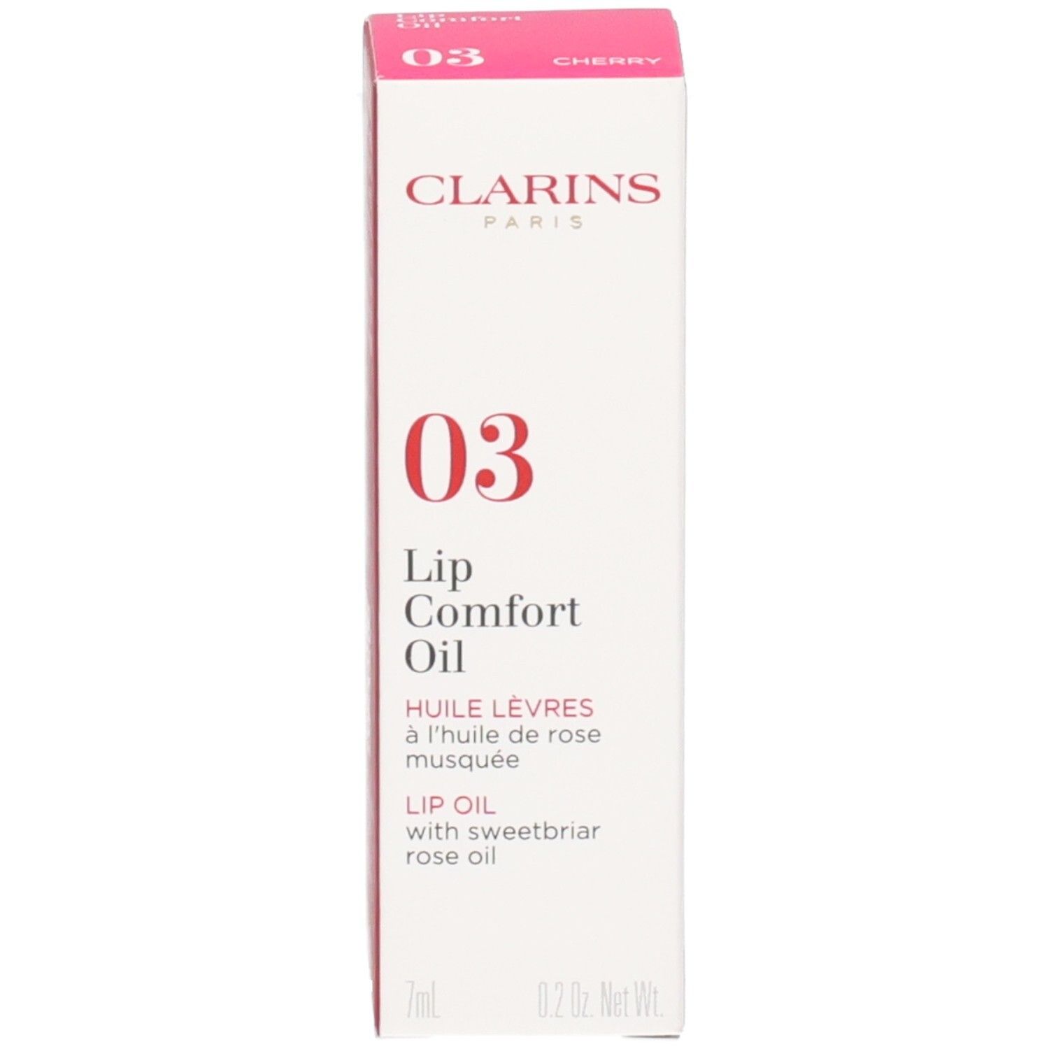 Clarins Lip Comfort Oil 03 - Cherry et son emballage. Le flacon d'huile à lèvres est transparent avec un capuchon argenté.