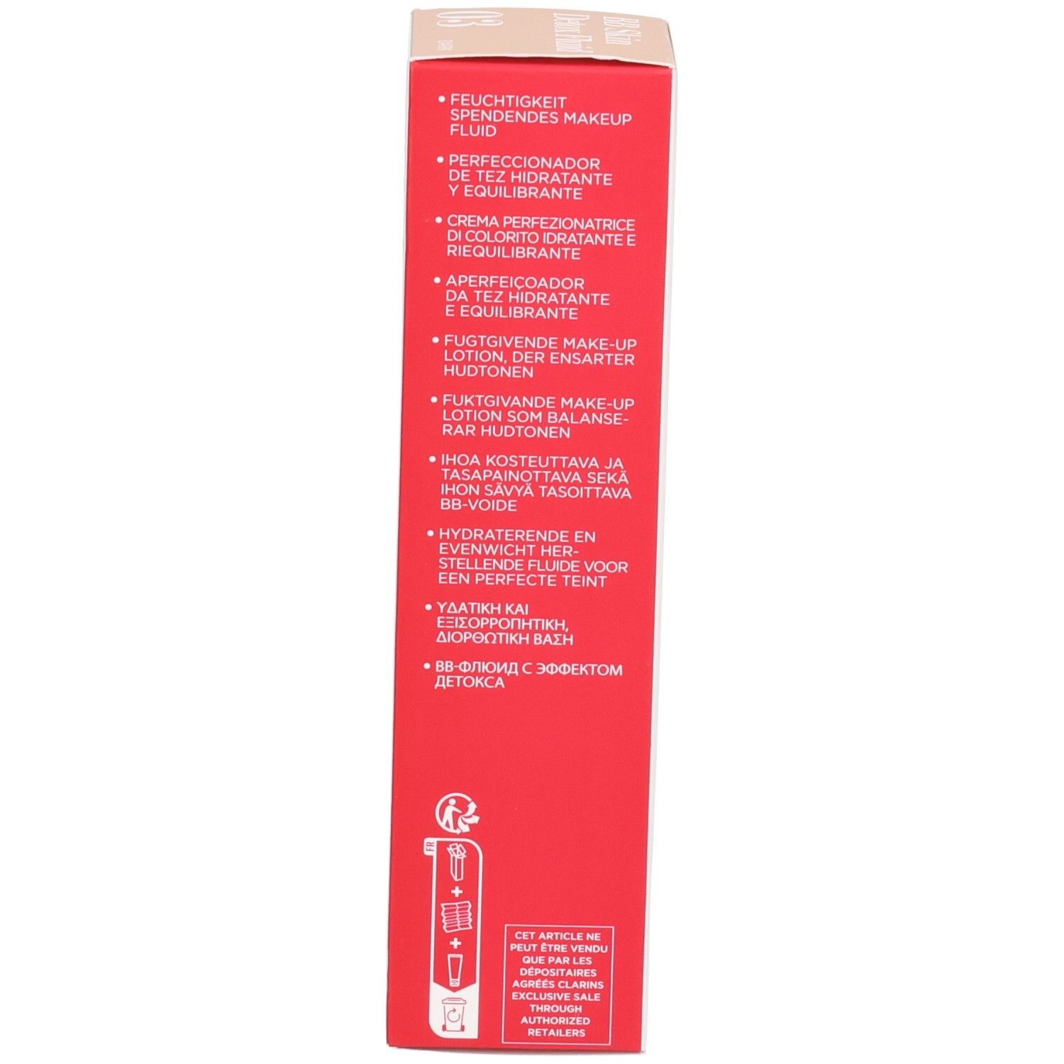 Boîte Clarins BB Skin Detox Fluid SPF25 03 Dark, côté avec texte.