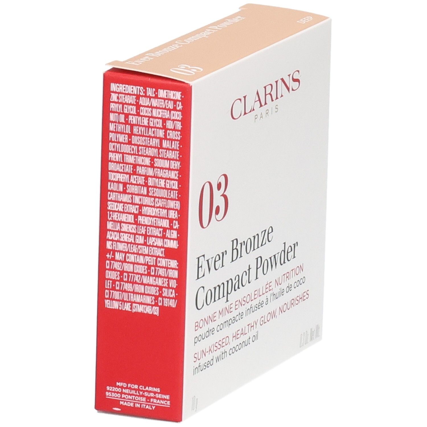 Emballage Clarins Ever Bronze Compact Powder 03, vue latérale avec liste des ingrédients et lieu de fabrication.