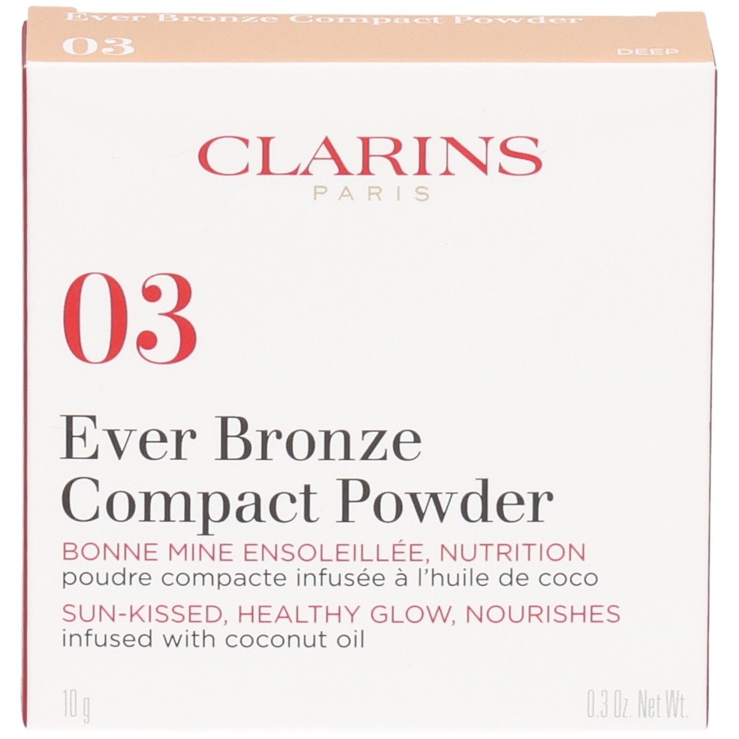 Emballage Clarins Ever Bronze Compact Powder 03, face avant. Contient des informations produit et le nom de la marque.