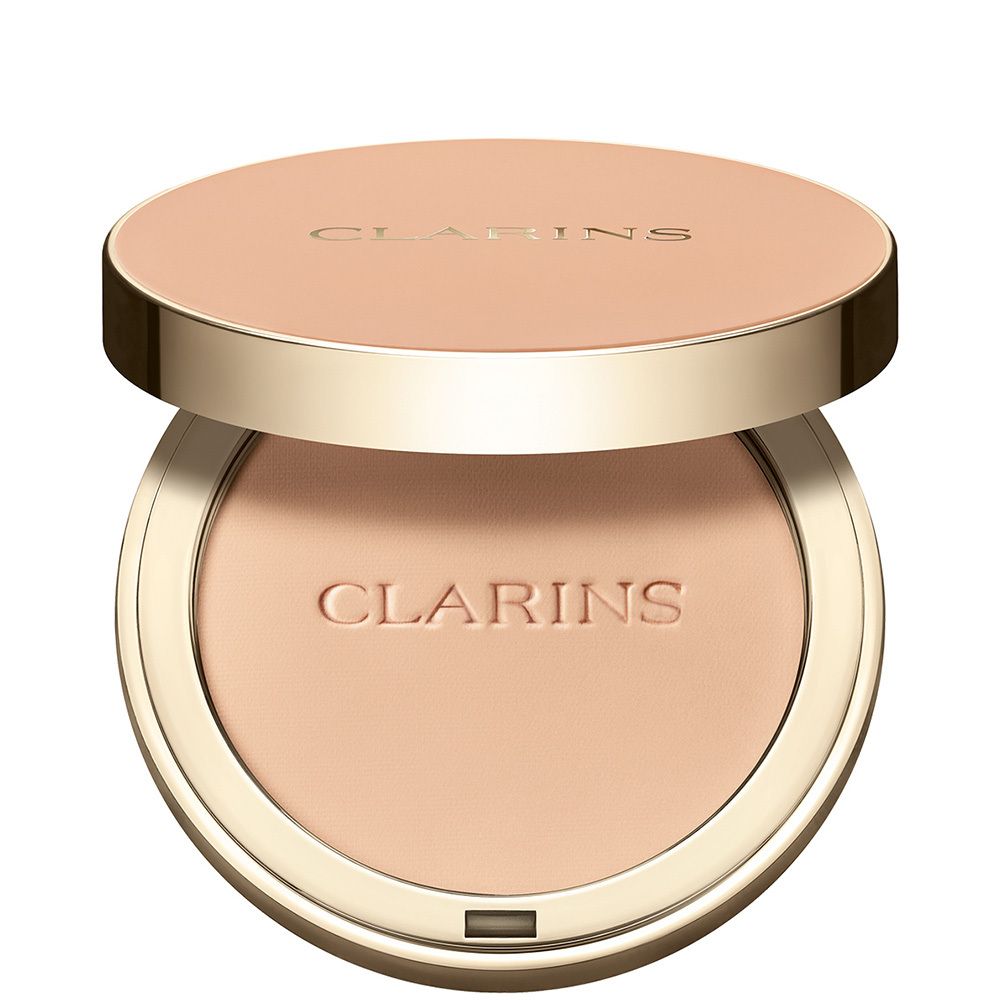 Clarins Ever Matte Compact Powder 03 Light Medium. Open compact poederdoosje met spiegel en poeder.