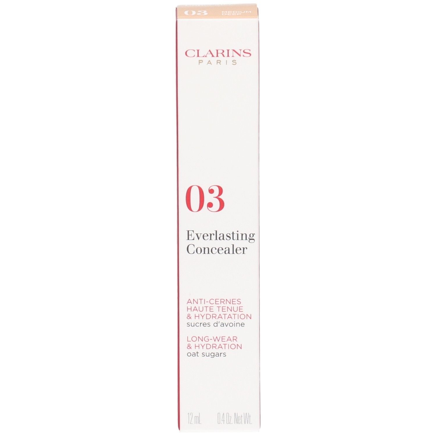 Clarins Everlasting Concealer 03 emballage extérieur, face avant avec informations produit et numéro de couleur 03.
