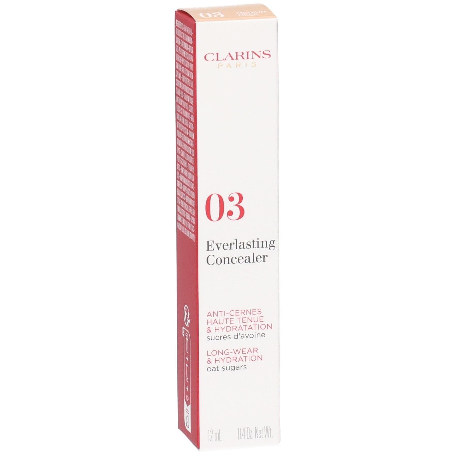 Clarins Everlasting Concealer 03 emballage extérieur, face avant avec informations produit et numéro de couleur 03.