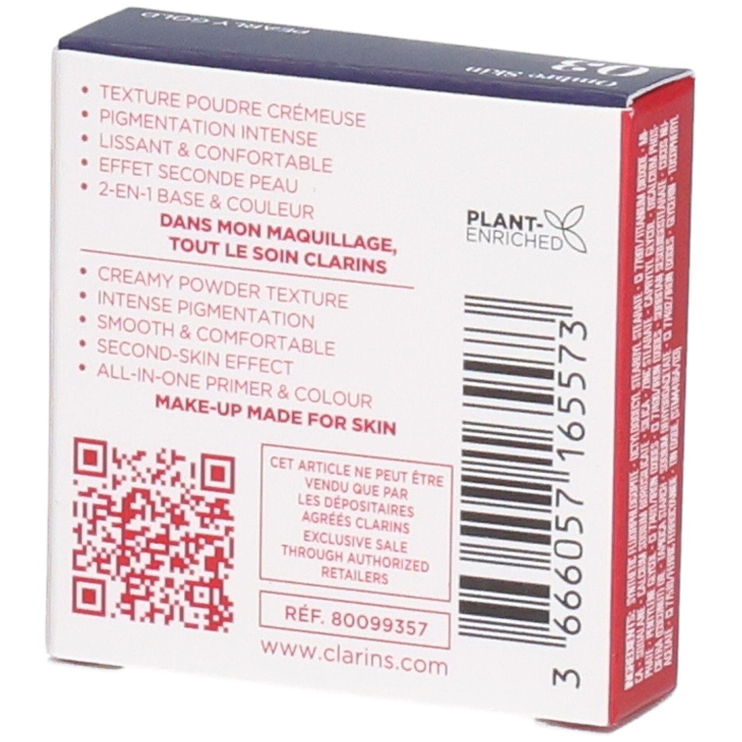 Clarins Ombre Skin oogschaduw 03 Pearly Gold, achterkant met productkenmerken en QR-code.