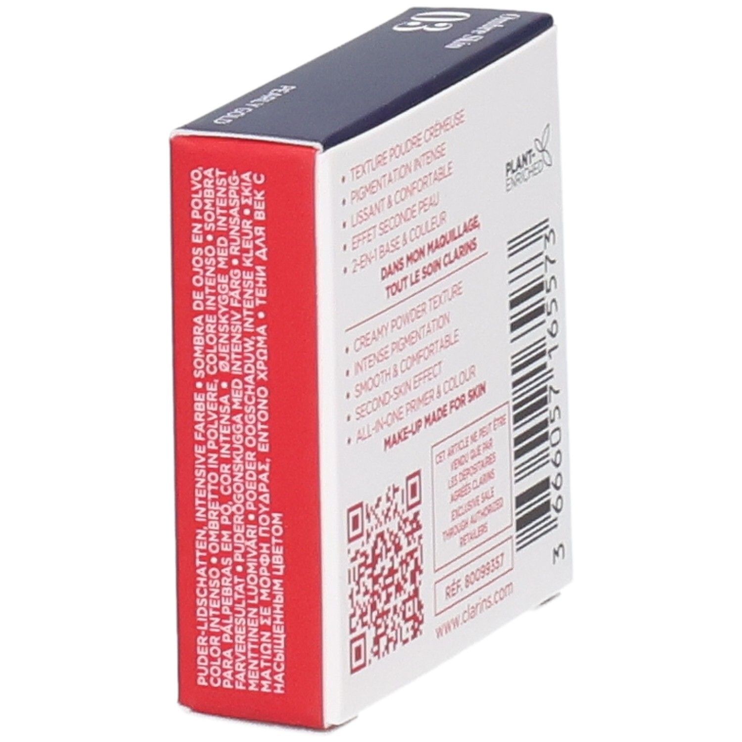 Clarins Ombre Skin oogschaduw 03 Pearly Gold, 1,5g, zijaanzicht met productbeschrijving.