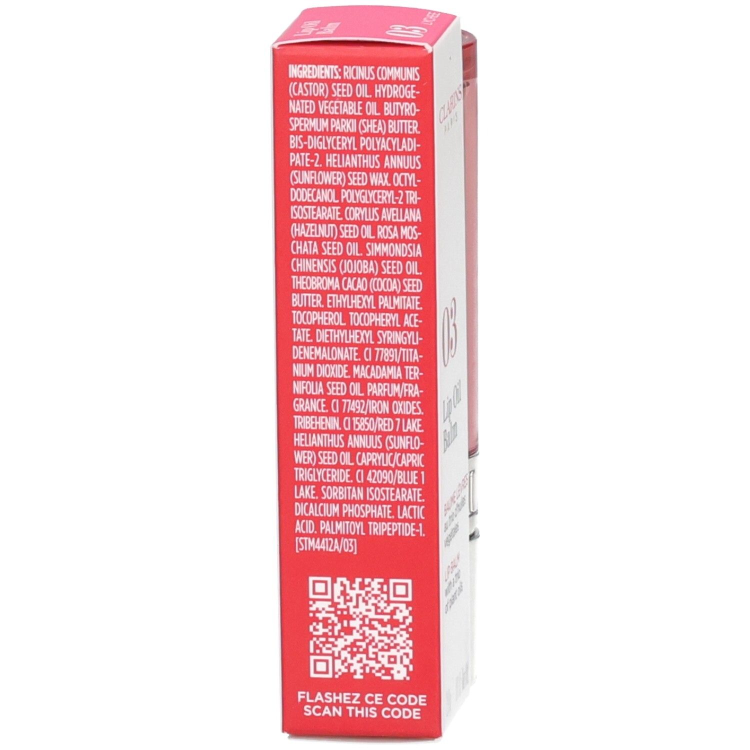 Clarins Lip Oil Balm 03: Achterkant van de verpakking met ingrediënten en QR-code.