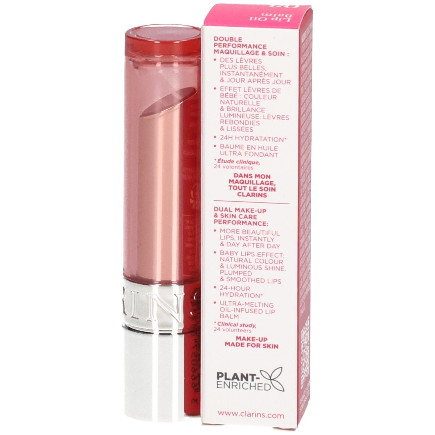 Clarins Lip Oil Balm 03: Stick en verpakking. Roze lippenbalsem met gouden en zilveren huls.