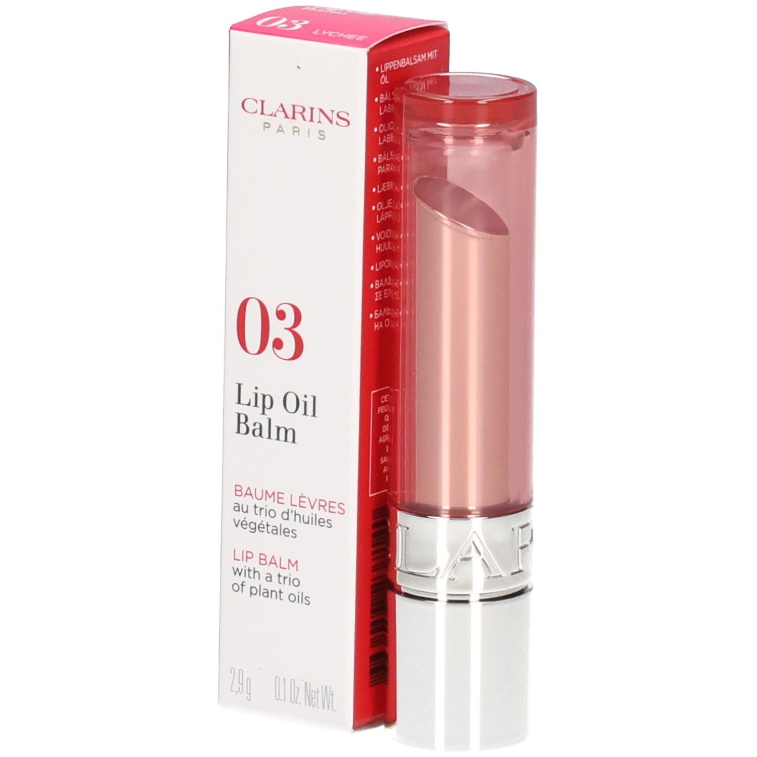 Clarins Lip Oil Balm 03 in doos en stick. Roze lippenbalsem met gouden en zilveren huls.