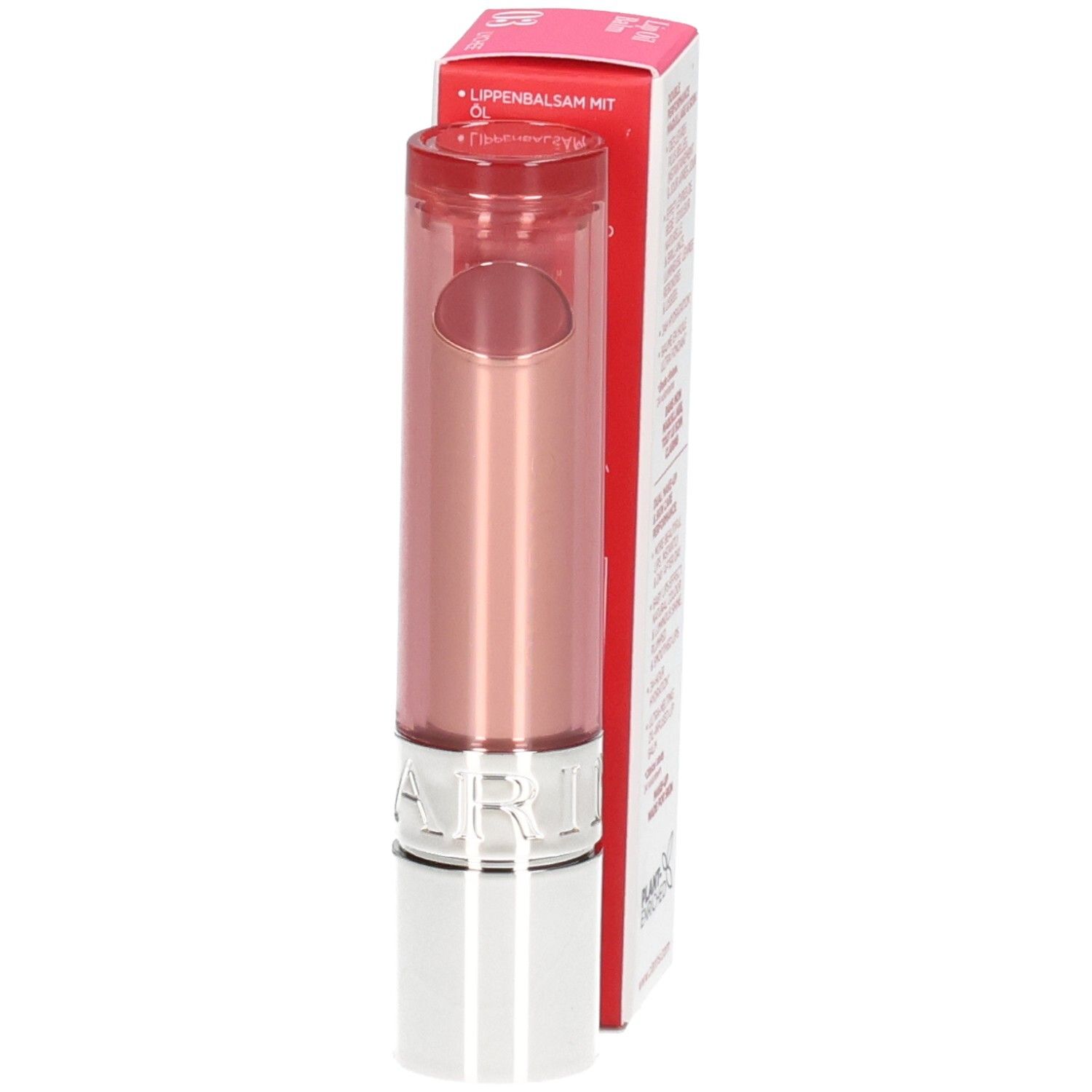 Clarins Lip Oil Balm 03: Lippenbalsem in roze huls met zilveren body.