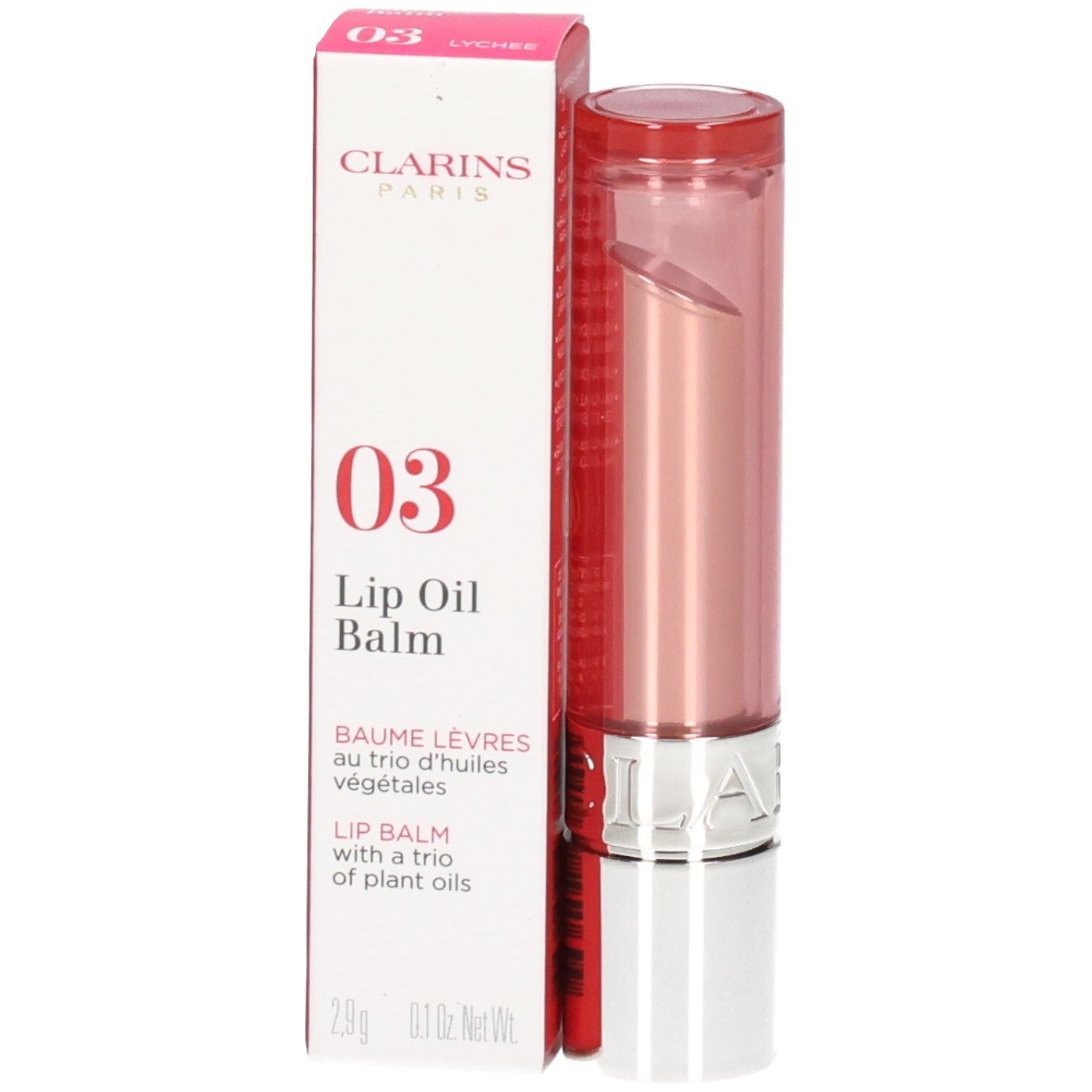 Clarins Lip Oil Balm 03 in doos en stick. Roze lippenbalsem met gouden en zilveren huls.