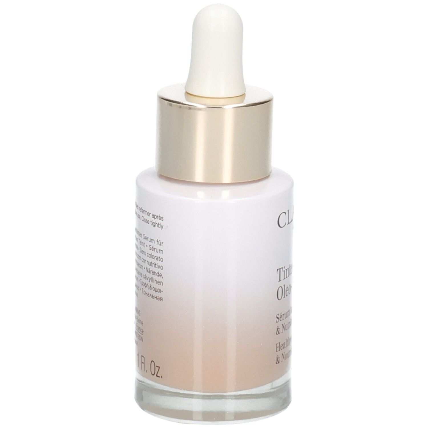 Clarins Tinted Oleo-Serum flesje met pipet, achterkant met gebruiksinstructies, 30ml.