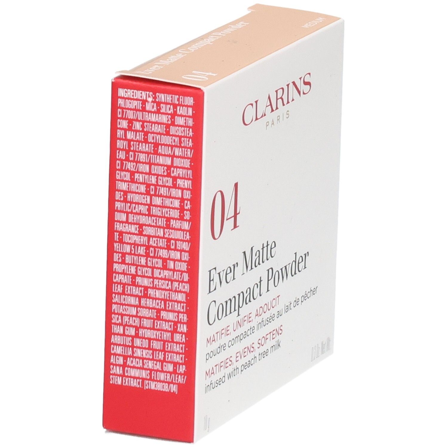 Clarins Ever Matte Compact Powder 04 Medium buitenverpakking met ingrediënten.