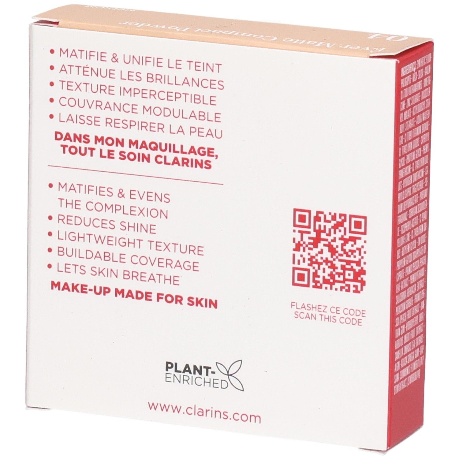 Clarins Ever Matte Compact Powder 04 Medium achterkant buitenverpakking met productvoordelen.