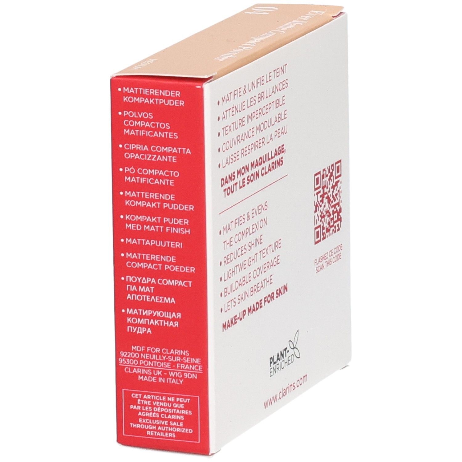 Clarins Ever Matte Compact Powder 04 Medium zijaanzicht buitenverpakking met productnamen in meerdere talen.