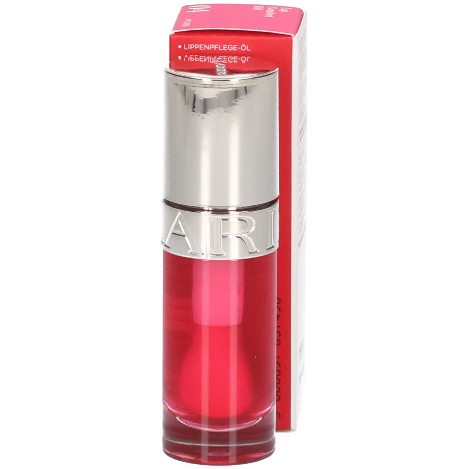 Clarins Lip Comfort Oil 04 Pitaya, flacon avec bouchon argenté et description sur le côté.