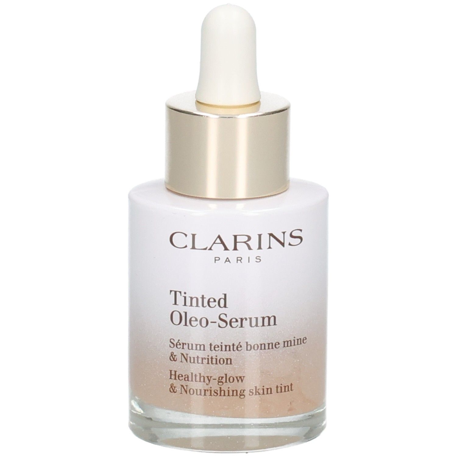 Clarins Tinted Oleo-Serum 04 : flacon en verre avec pipette, bague dorée, capuchon blanc. Sérum dégradé.