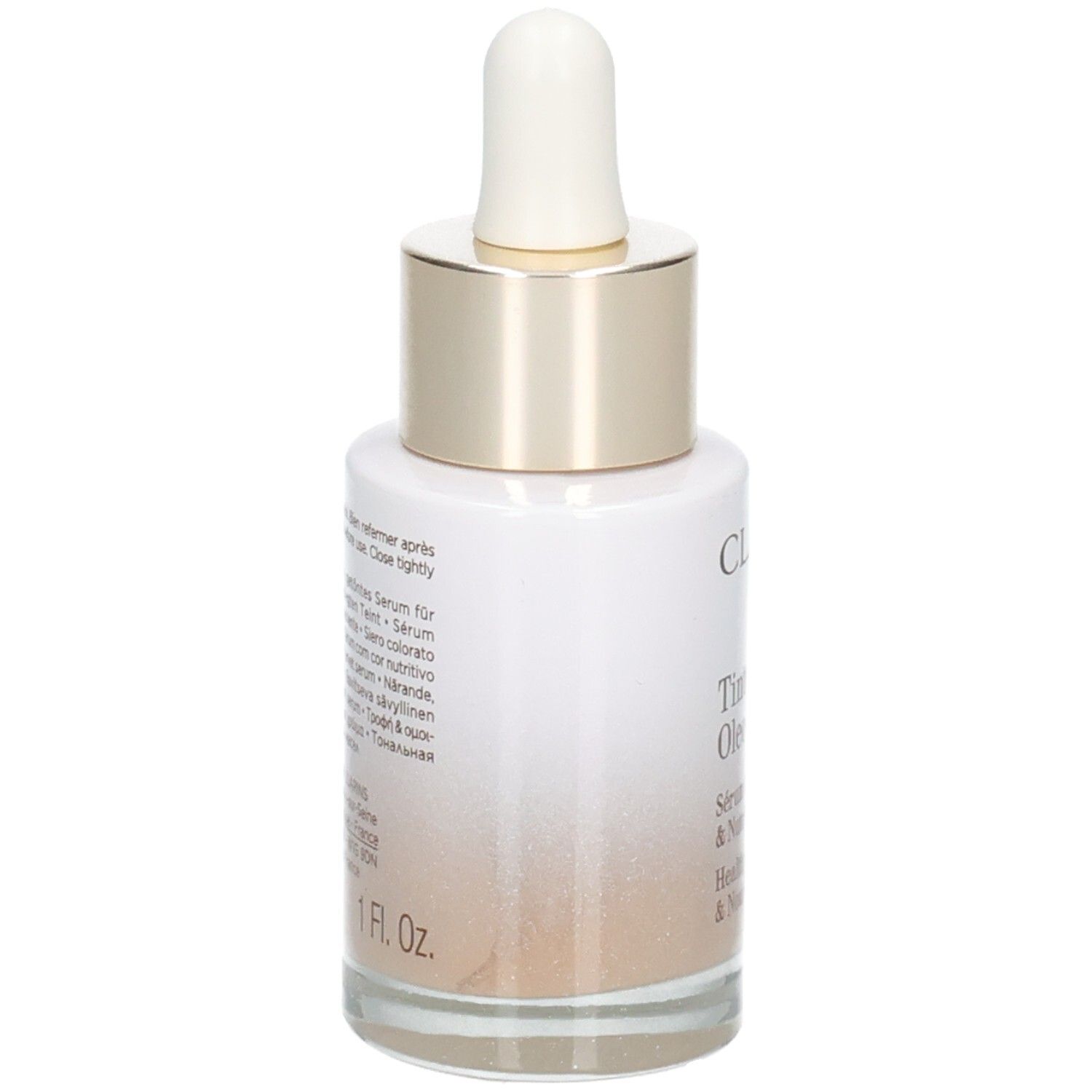 Clarins Tinted Oleo-Serum 04 : arrière du flacon en verre avec pipette. Contient instructions et ingrédients.