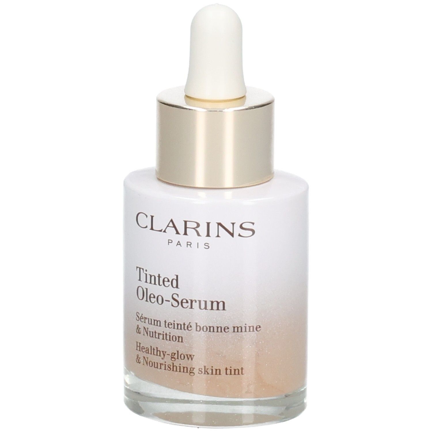 Clarins Tinted Oleo-Serum 04 : flacon en verre avec pipette, bague dorée, capuchon blanc. Sérum dégradé.