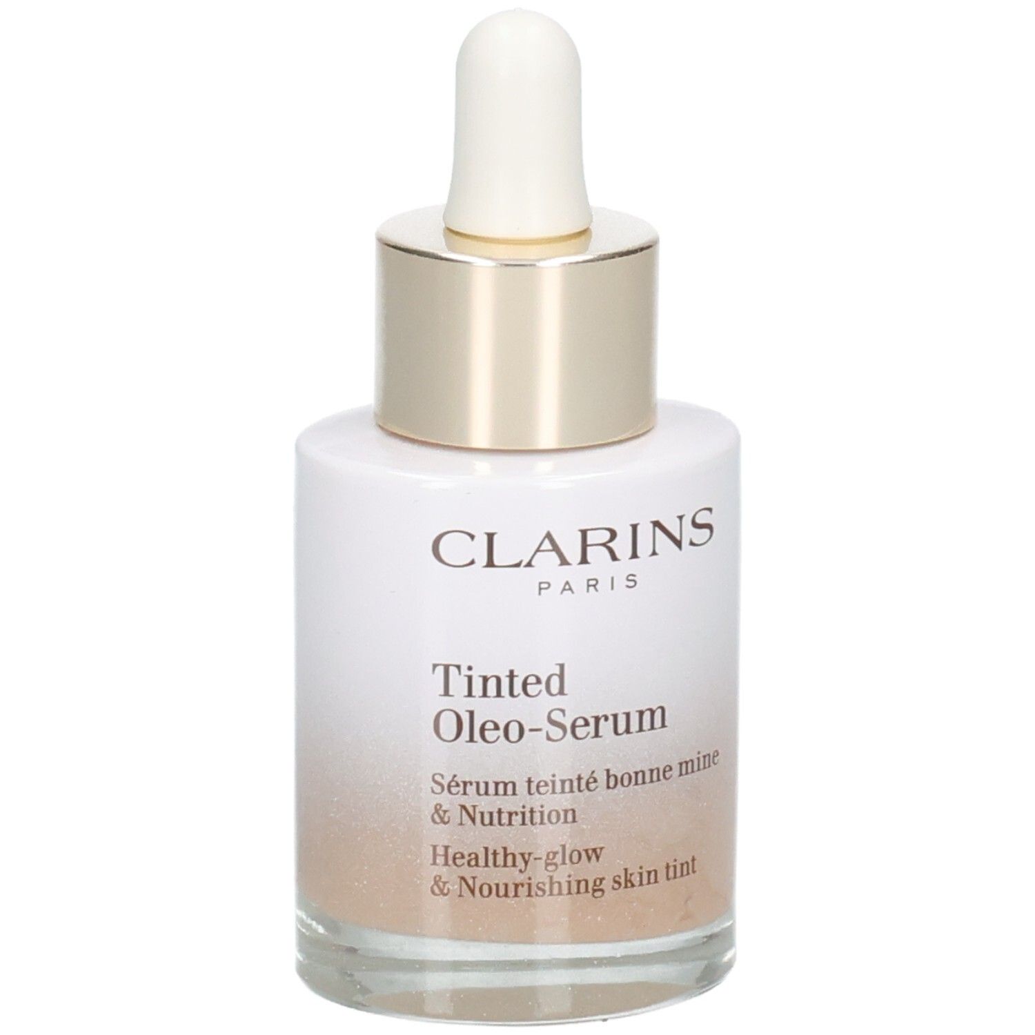 Clarins Tinted Oleo-Serum 04 : flacon en verre avec pipette, bague dorée, capuchon blanc. Sérum dégradé.