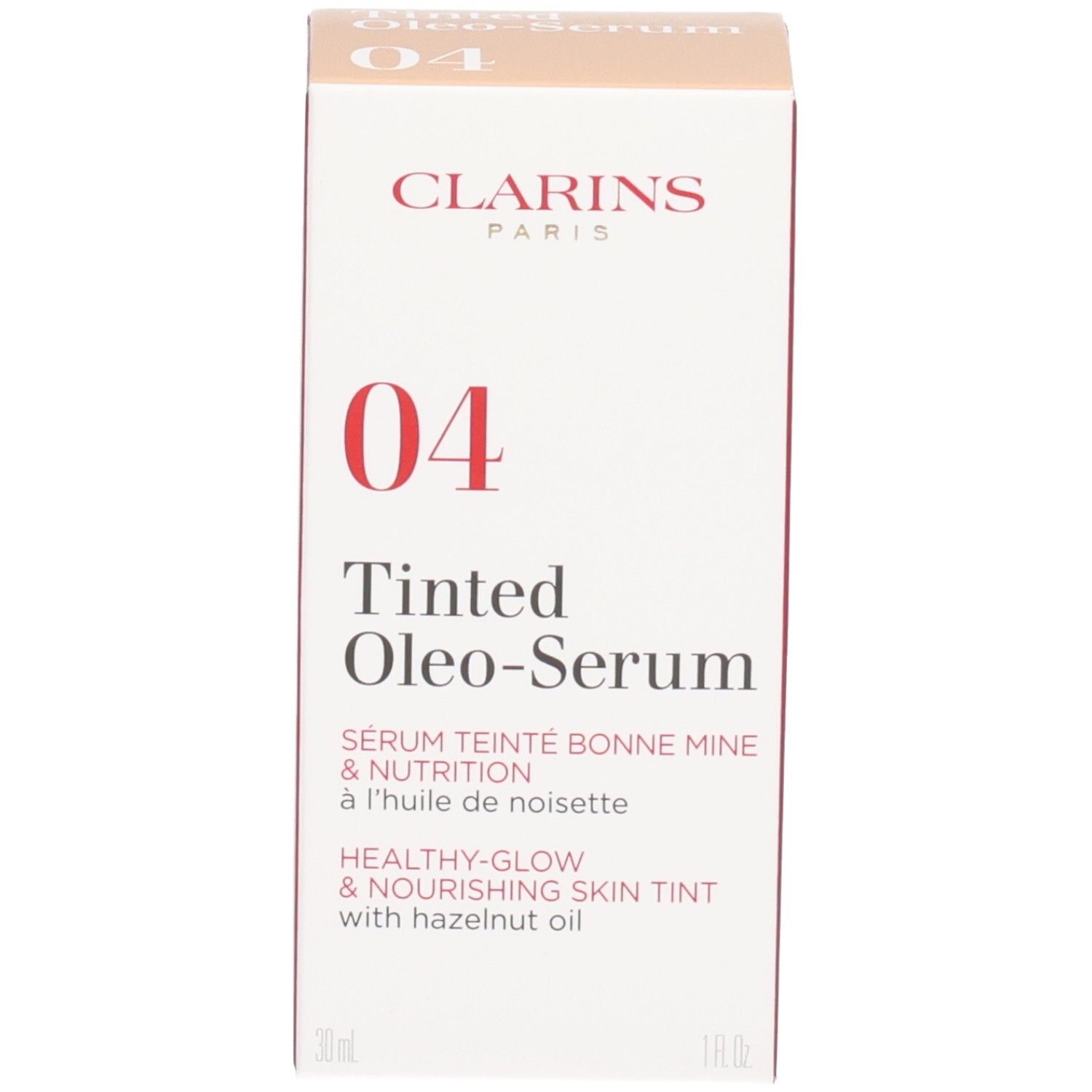 Clarins Tinted Oleo-Serum 04 : boîte. La boîte montre le nom du produit, la couleur 04, la marque et 30 ml.