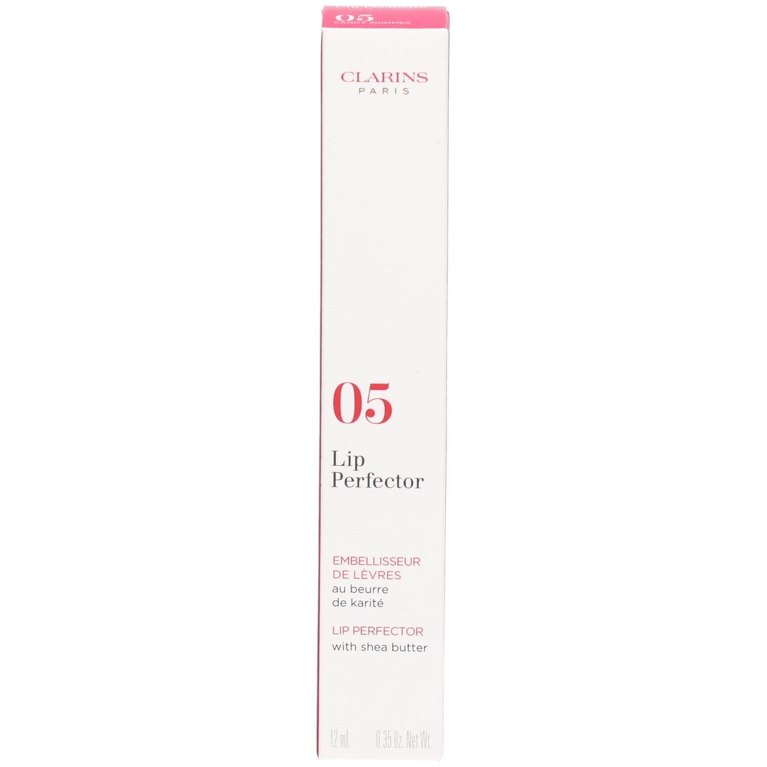 Clarins Lip Perfector 05 en boîte pliante, face avant avec informations produit.