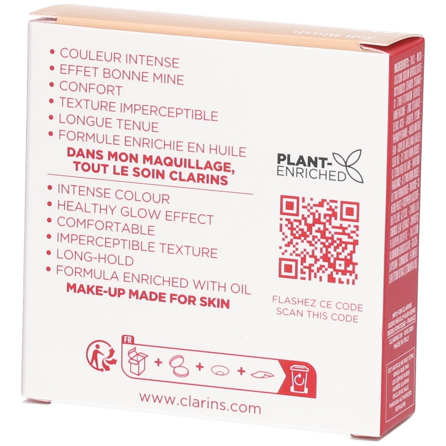 Emballage Clarins Joli Blush 05 Cheeky Boum, dos avec caractéristiques produit et QR code.