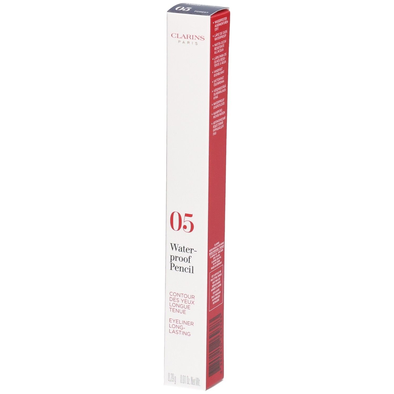 Clarins Waterproof Oogpotlood 05 Forest, verpakt in een wit-rode doos.