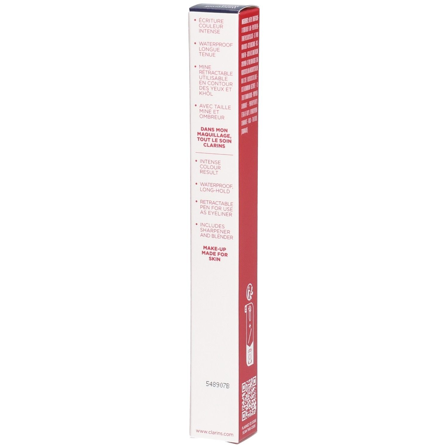 Zijaanzicht van de Clarins Waterproof Oogpotlood 05 Forest doos met productkenmerken.
