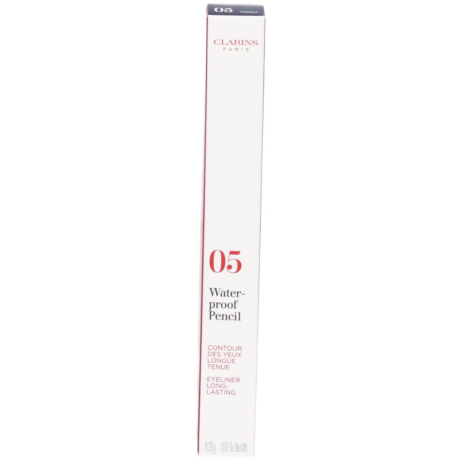 Clarins Waterproof Oogpotlood 05 Forest, verpakt in een wit-rode doos.
