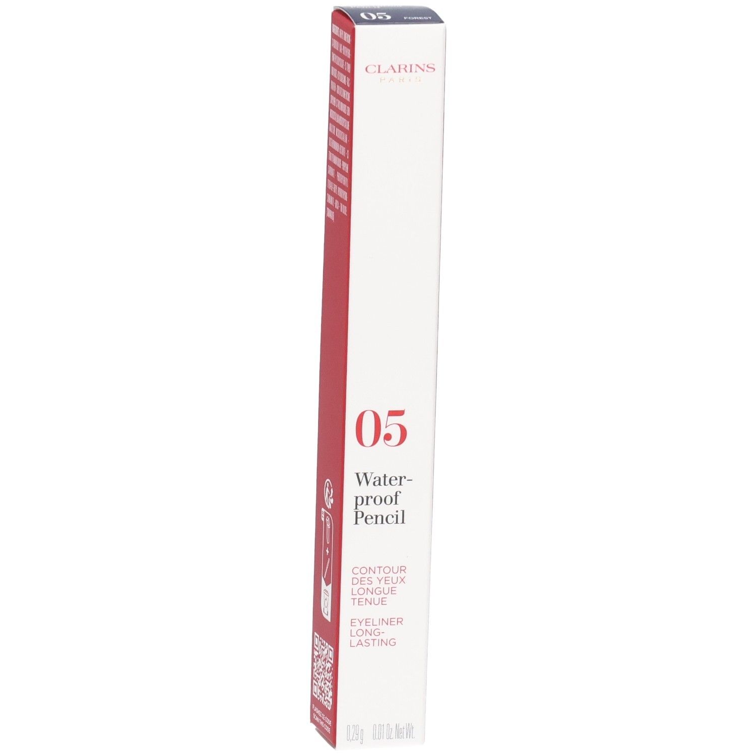 Clarins Waterproof Oogpotlood 05 Forest, verpakt in een wit-rode doos.