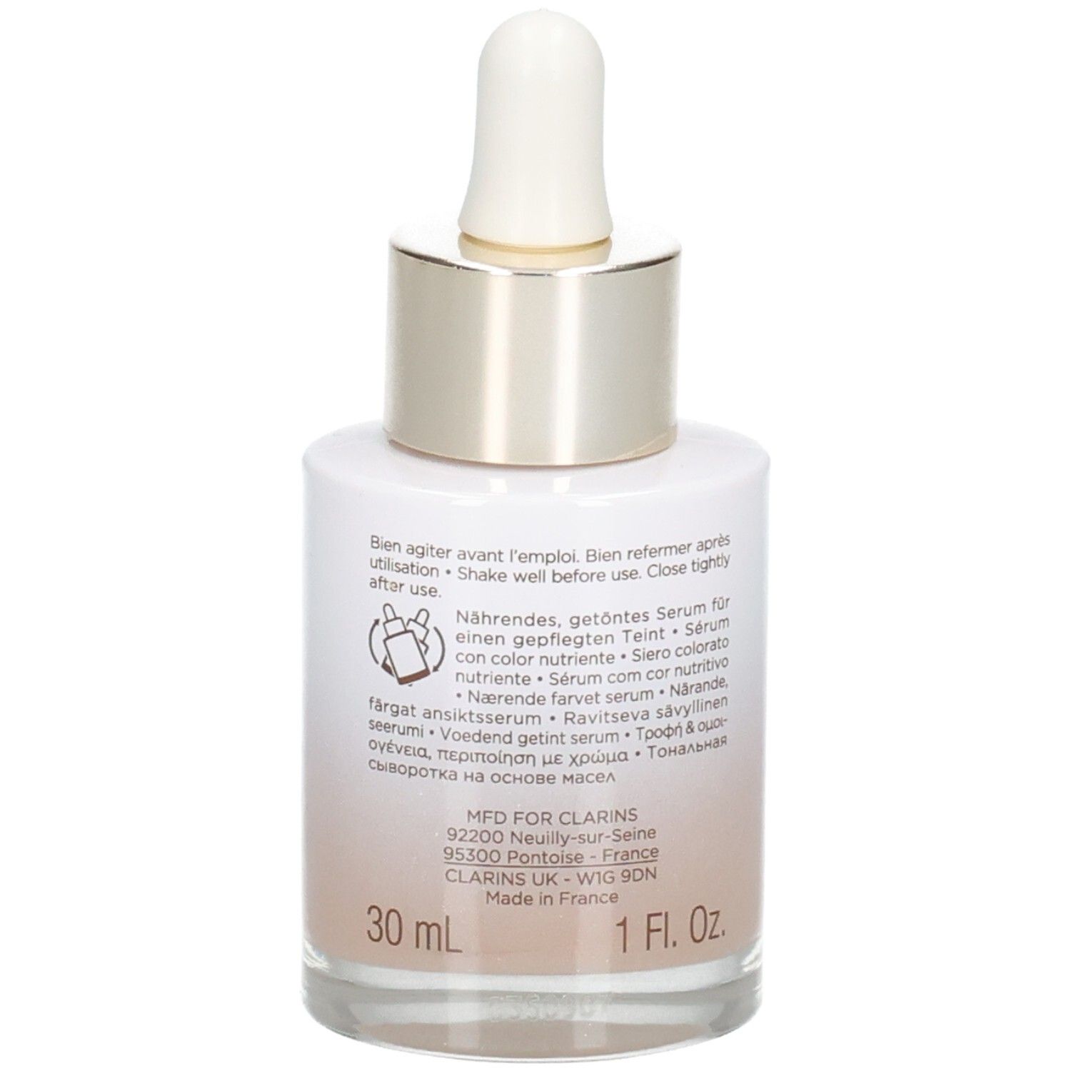 Clarins Tinted Oleo-Serum flesje met pipet, achterkant met gebruiksinstructies en productinformatie, 30ml, tint 05.