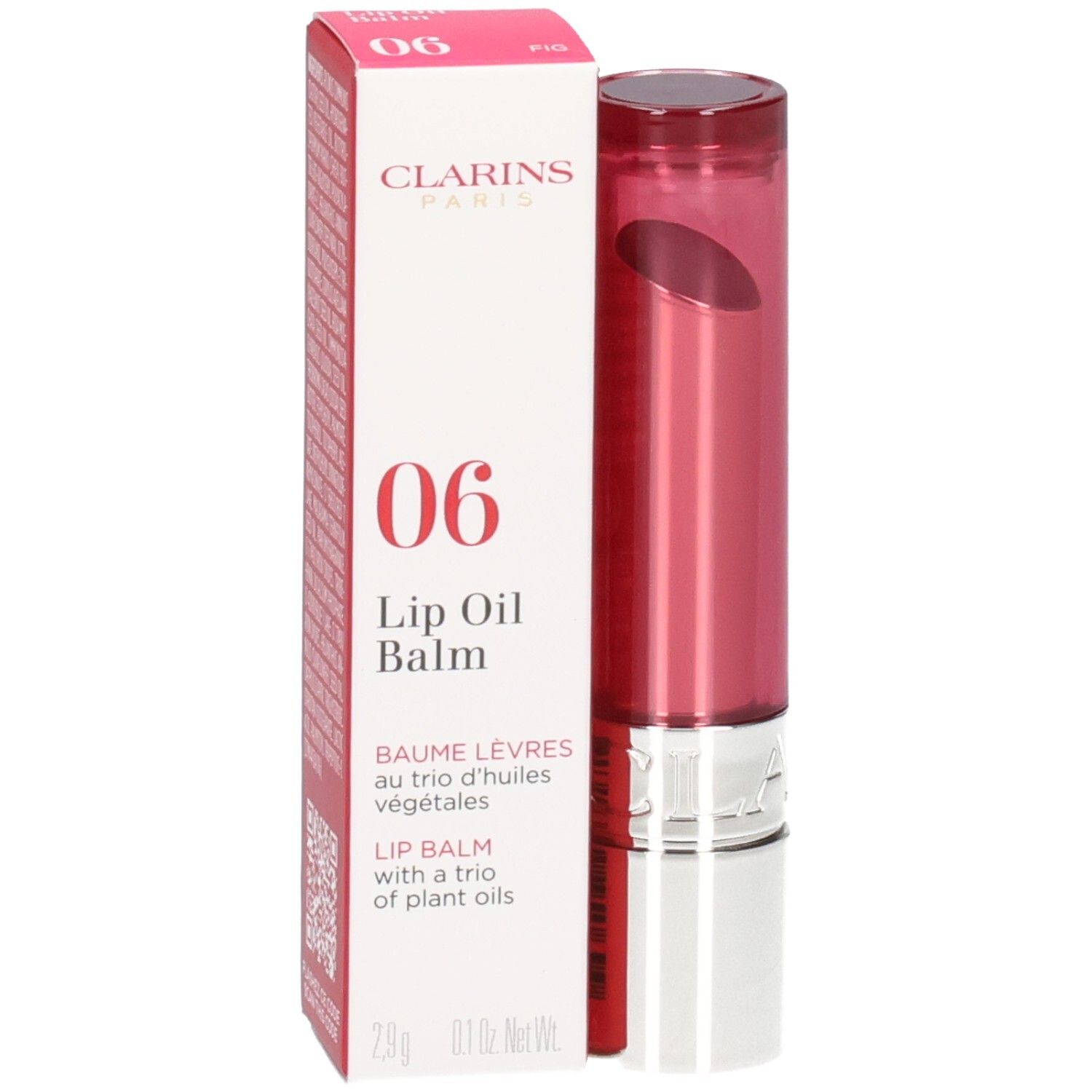 Clarins Lip Oil Balm, teinte 06 Fig, avec emballage et applicateur.