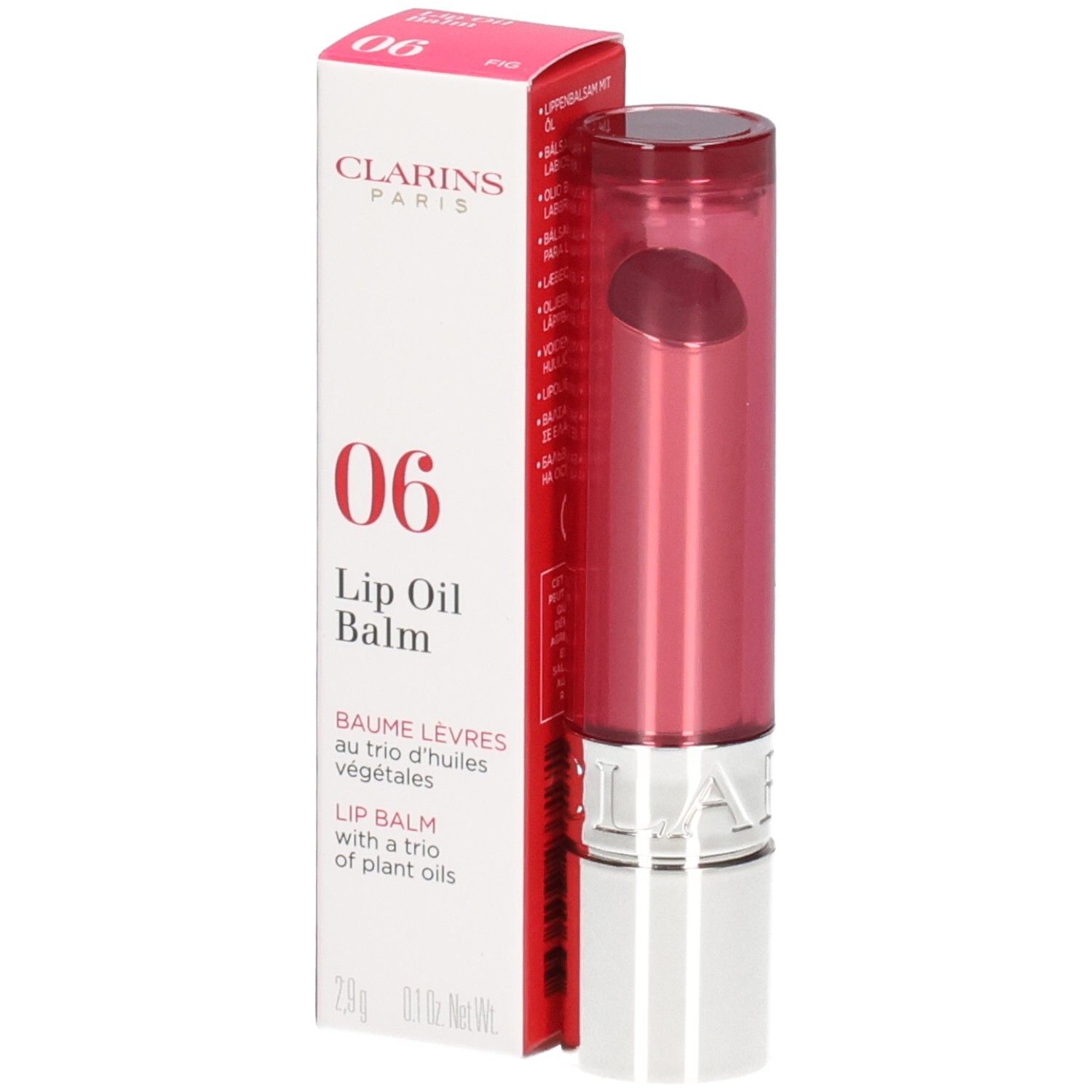 Clarins Lip Oil Balm, teinte 06 Fig, avec emballage et applicateur.
