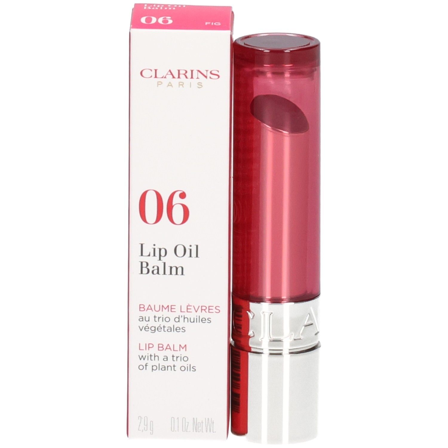 Clarins Lip Oil Balm, teinte 06 Fig, avec emballage et applicateur.