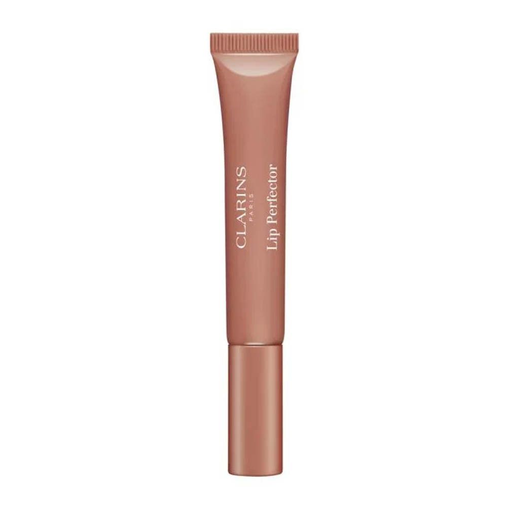 Clarins Lip Perfector 06, rozenhout shimmer tint, met sheaboter.