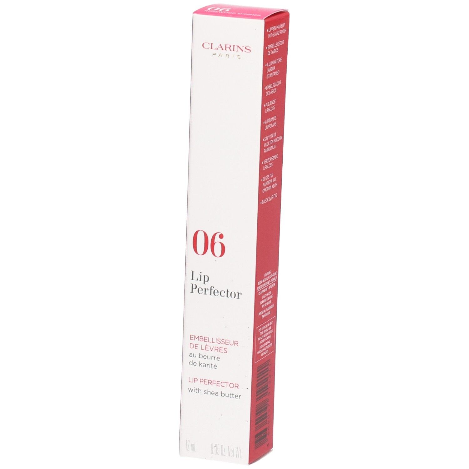 Clarins Lip Perfector 06 en boîte, enrichi au beurre de karité.