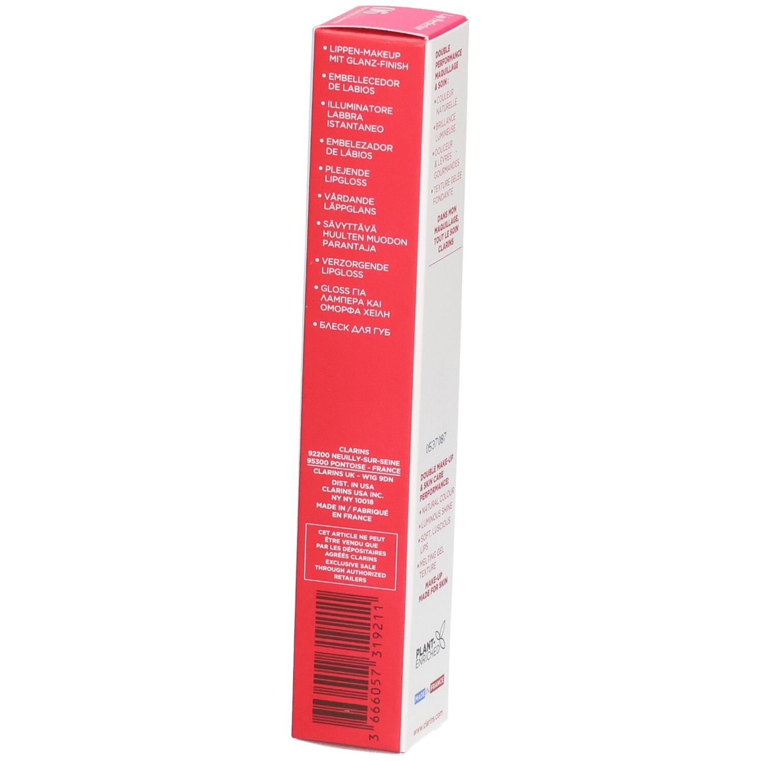 Clarins Lip Perfector 06 boîte, côté avec descriptions produit multilingues.