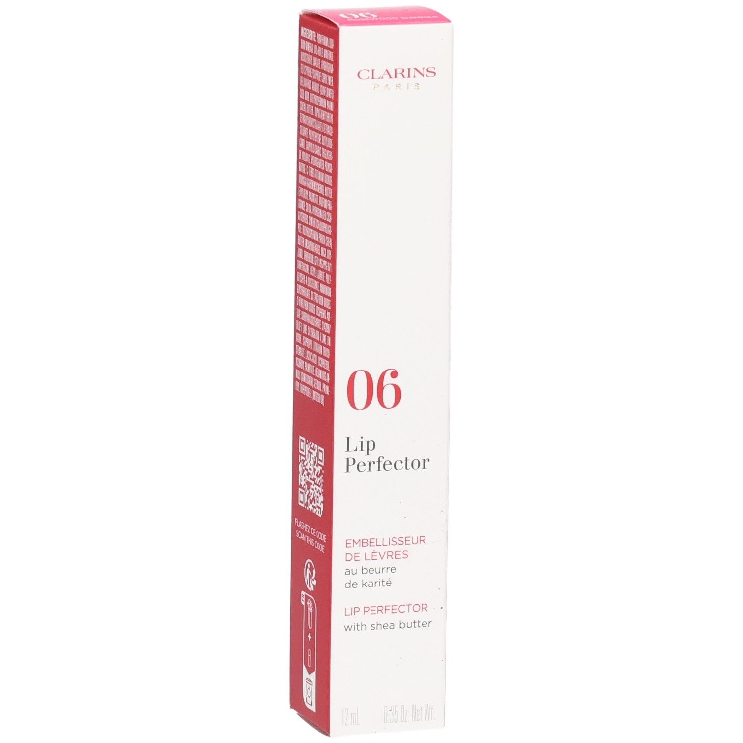 Clarins Lip Perfector 06 boîte, avec beurre de karité et code QR.