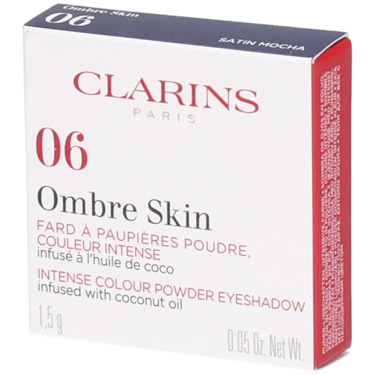 Clarins Ombre Skin 06 Satin Mocha, fard à paupières poudre. Boîte avec informations produit.
