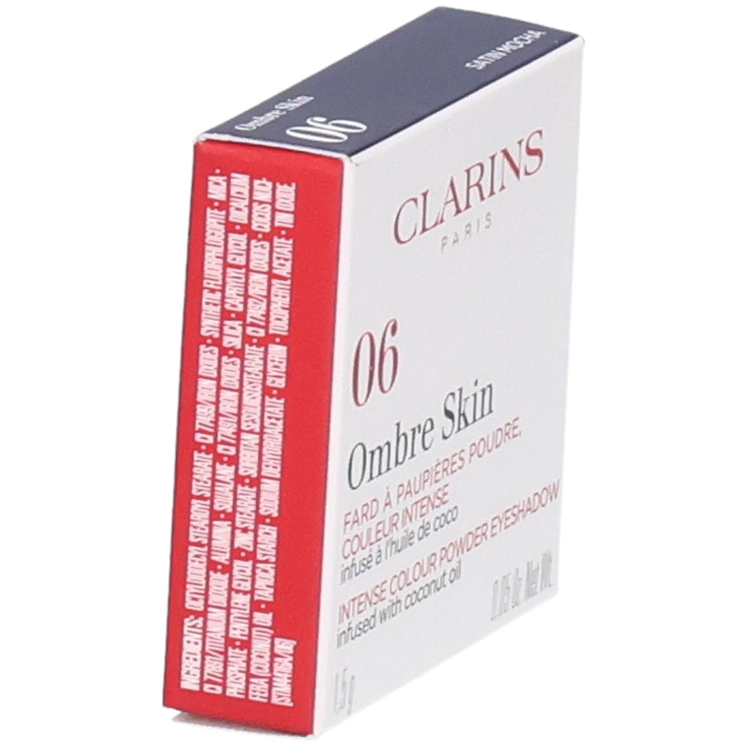 Clarins Ombre Skin 06 Satin Mocha, fard à paupières poudre. Vue latérale de la boîte avec liste des ingrédients.