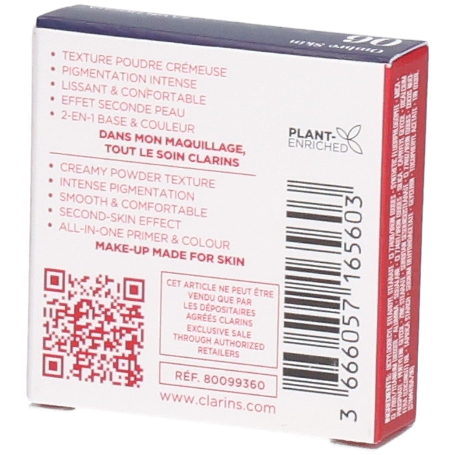 Clarins Ombre Skin 06 Satin Mocha, fard à paupières poudre. Arrière de la boîte avec caractéristiques produit et QR code.