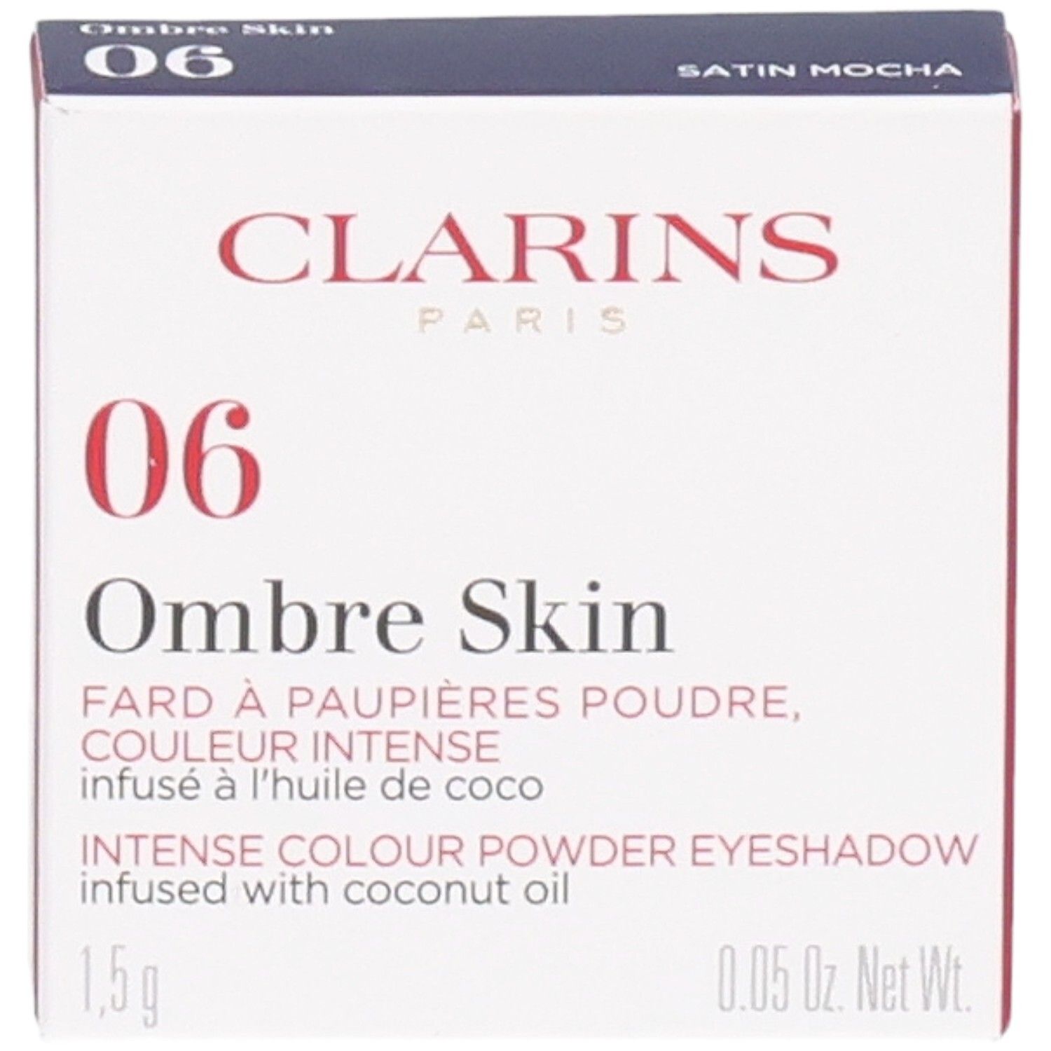 Clarins Ombre Skin 06 Satin Mocha, fard à paupières poudre. Façade de la boîte avec nom produit et numéro couleur.