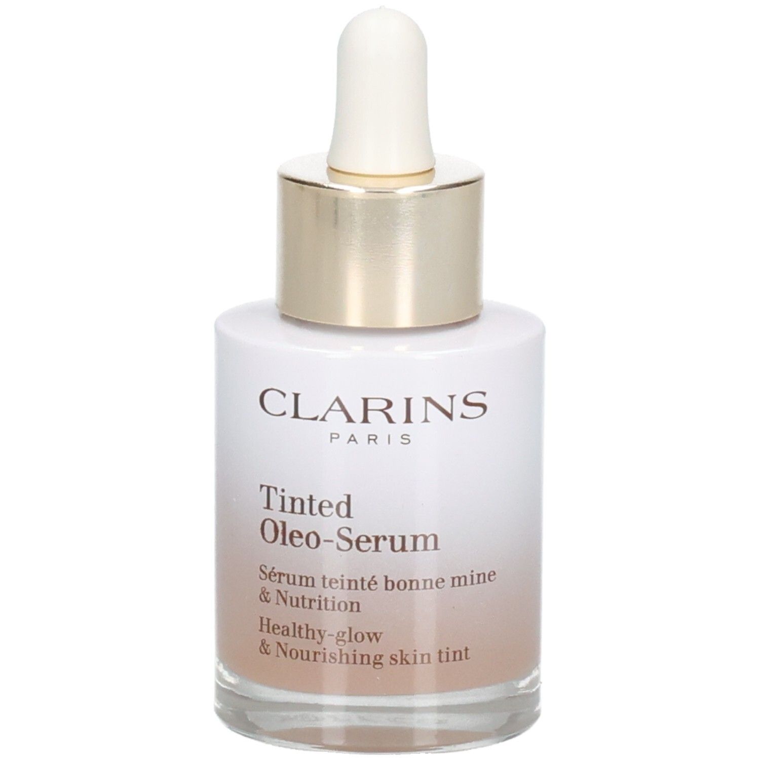 Clarins Tinted Oleo-Serum flesje met pipet. Gouden ring en witte dop.