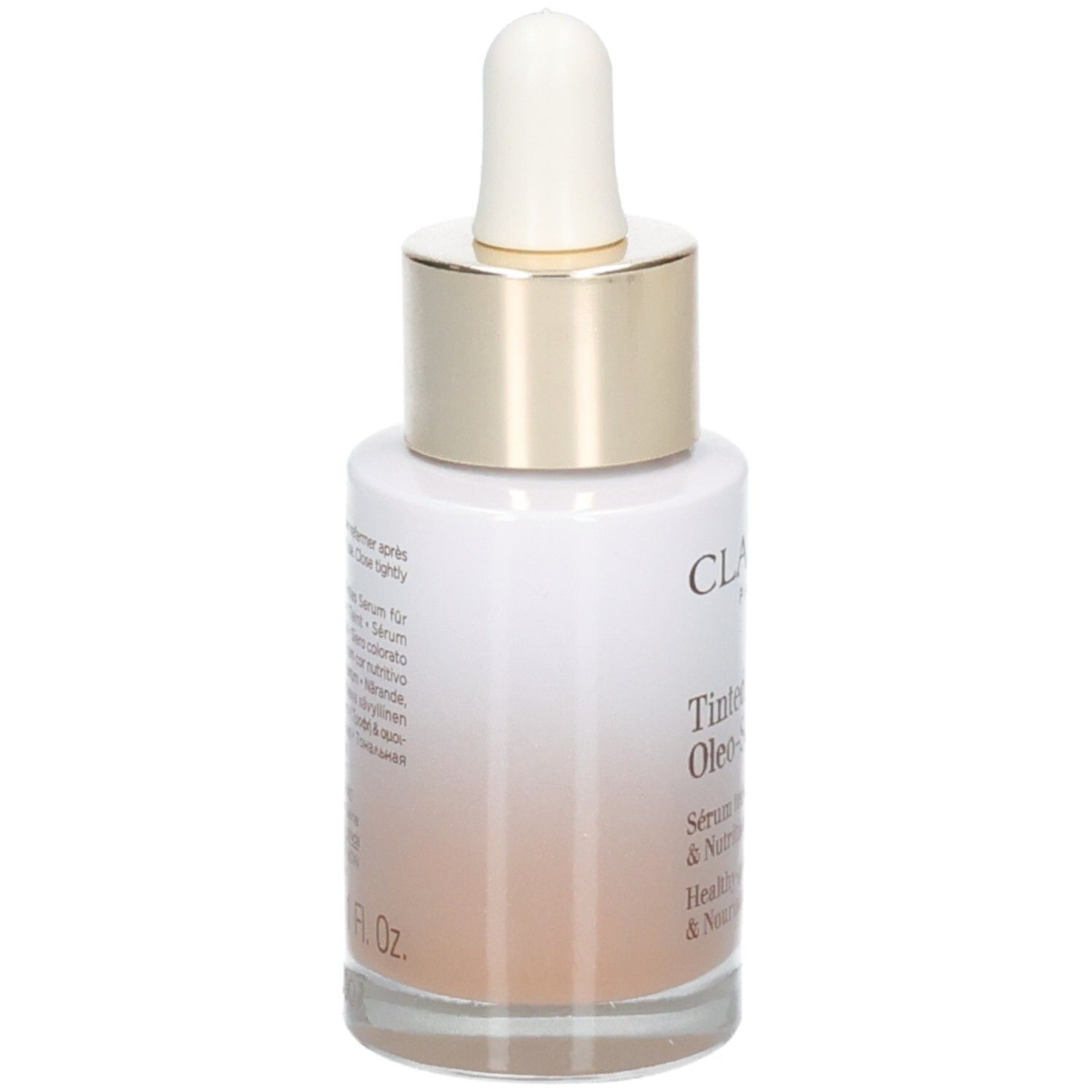Clarins Tinted Oleo-Serum flesje met pipet. Gouden ring en witte dop. Zijaanzicht.