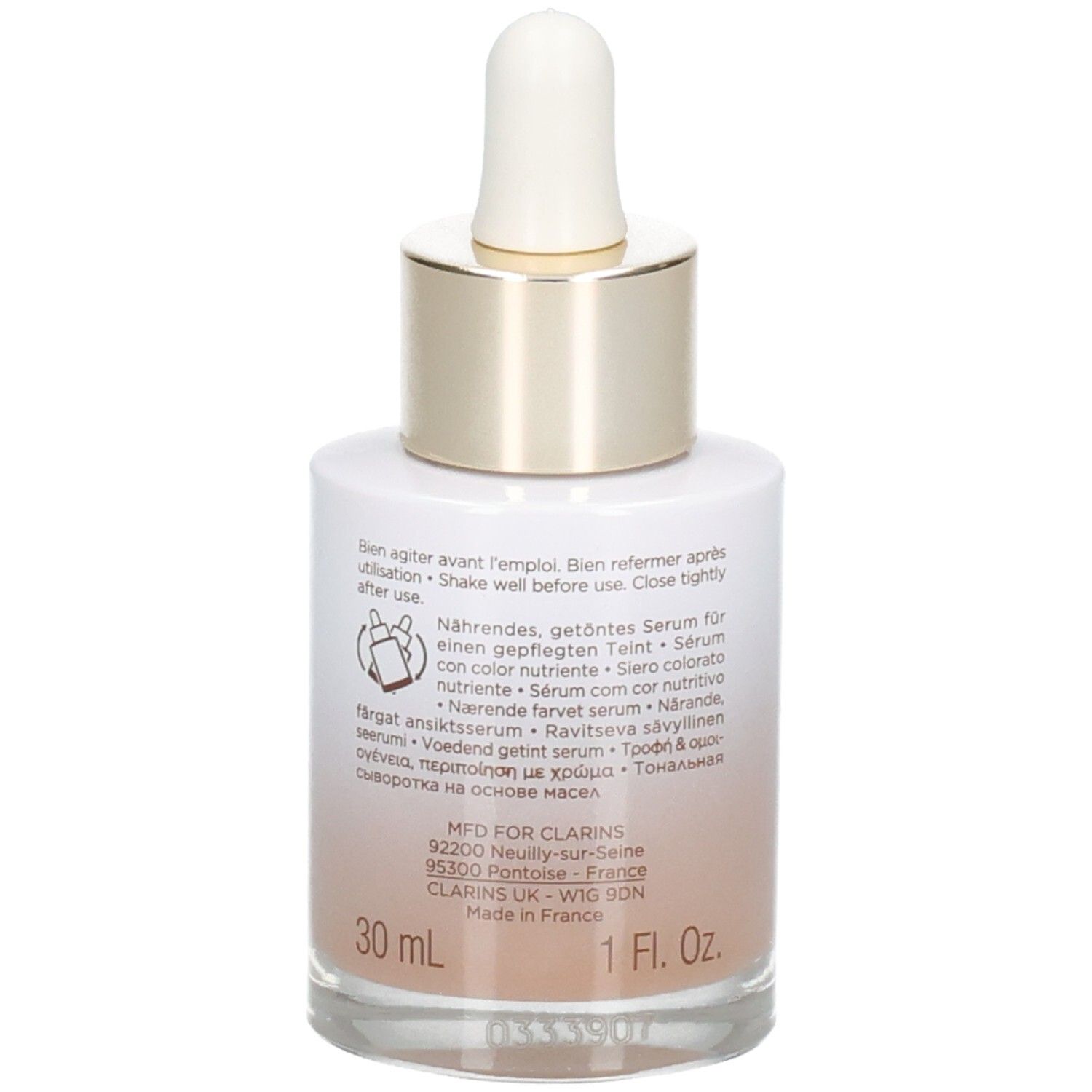 Clarins Tinted Oleo-Serum flesje met pipet. Achterkant met productinformatie en 30ml aanduiding.