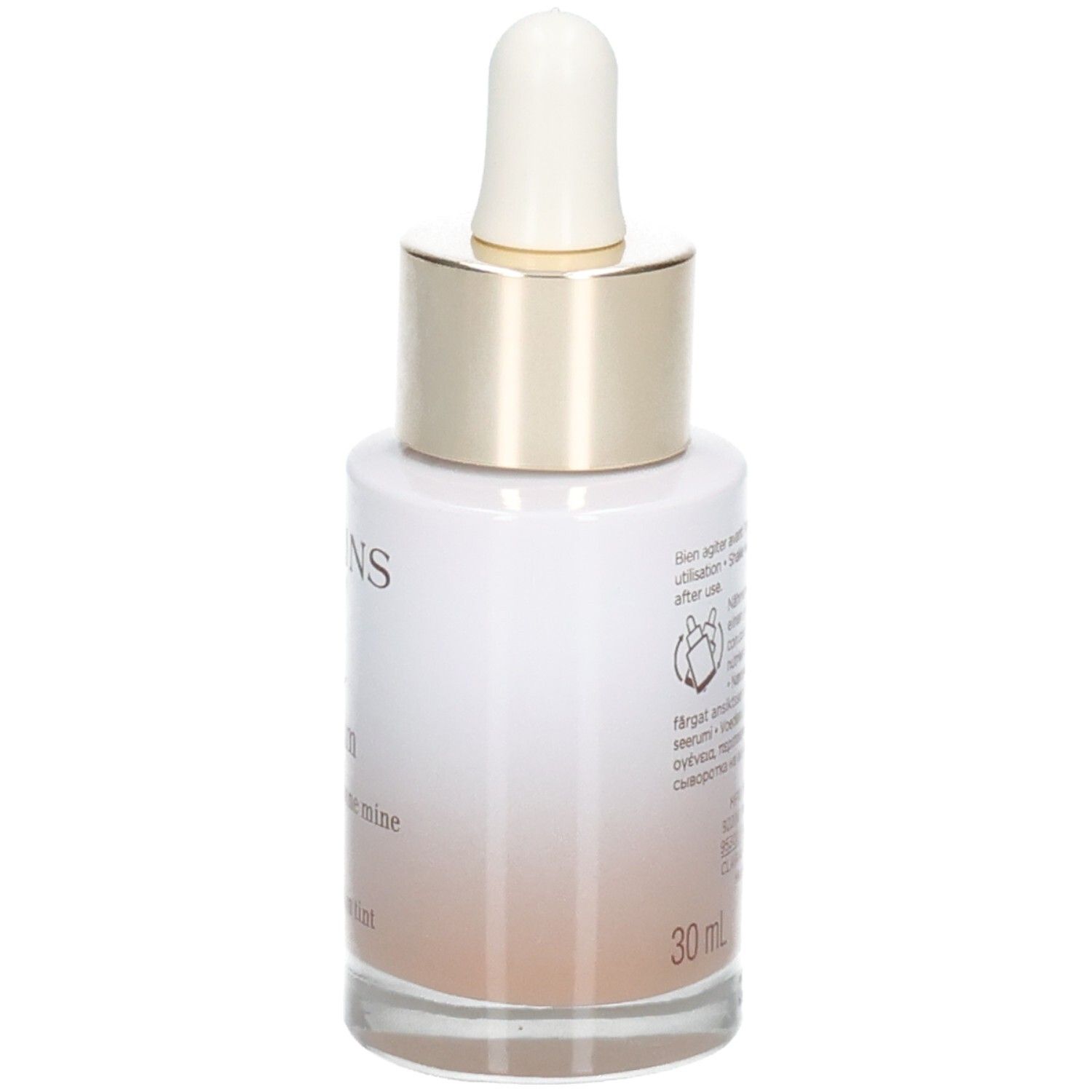 Clarins Tinted Oleo-Serum flesje met pipet. Zijaanzicht met productinformatie.