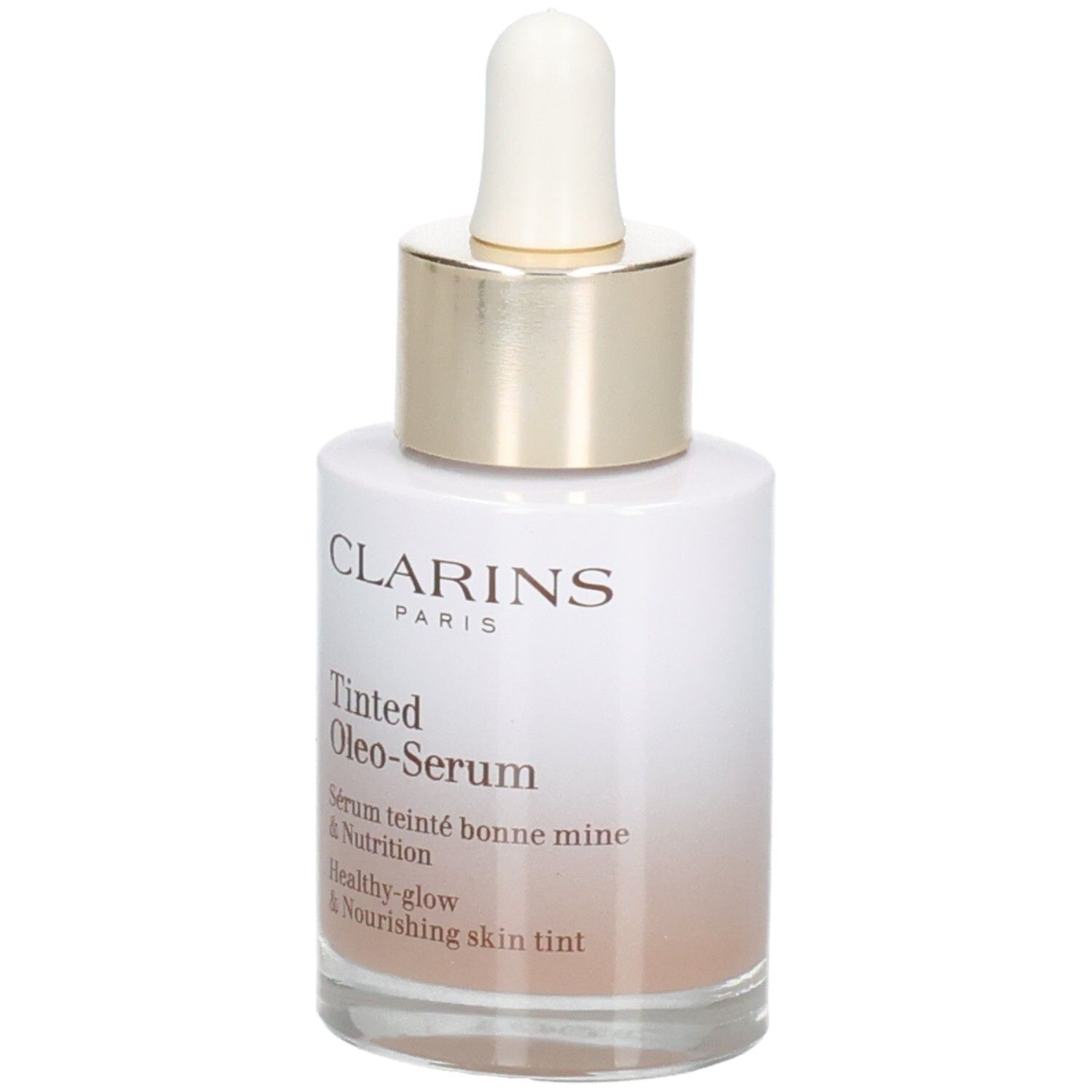 Clarins Tinted Oleo-Serum flesje met pipet. Gouden ring en witte dop. Vooraanzicht.