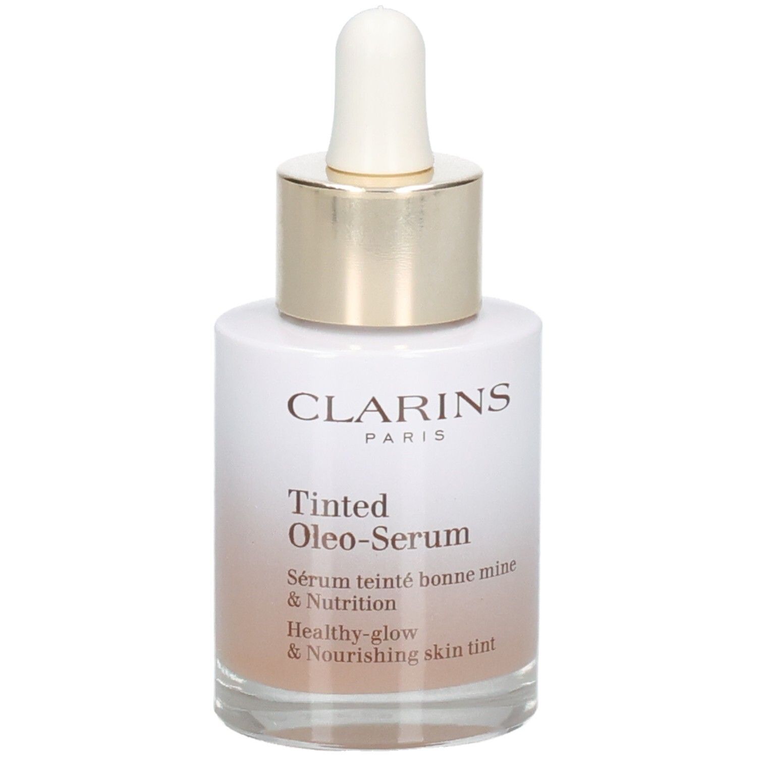 Clarins Tinted Oleo-Serum flesje met pipet. Gouden ring en witte dop. Vooraanzicht.