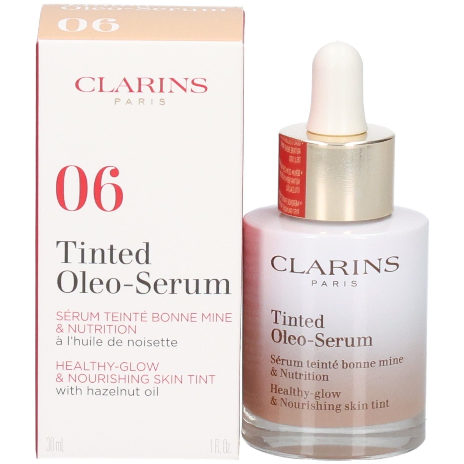 Clarins Tinted Oleo-Serum flesje en doosje. Nummer 06 op de verpakking.
